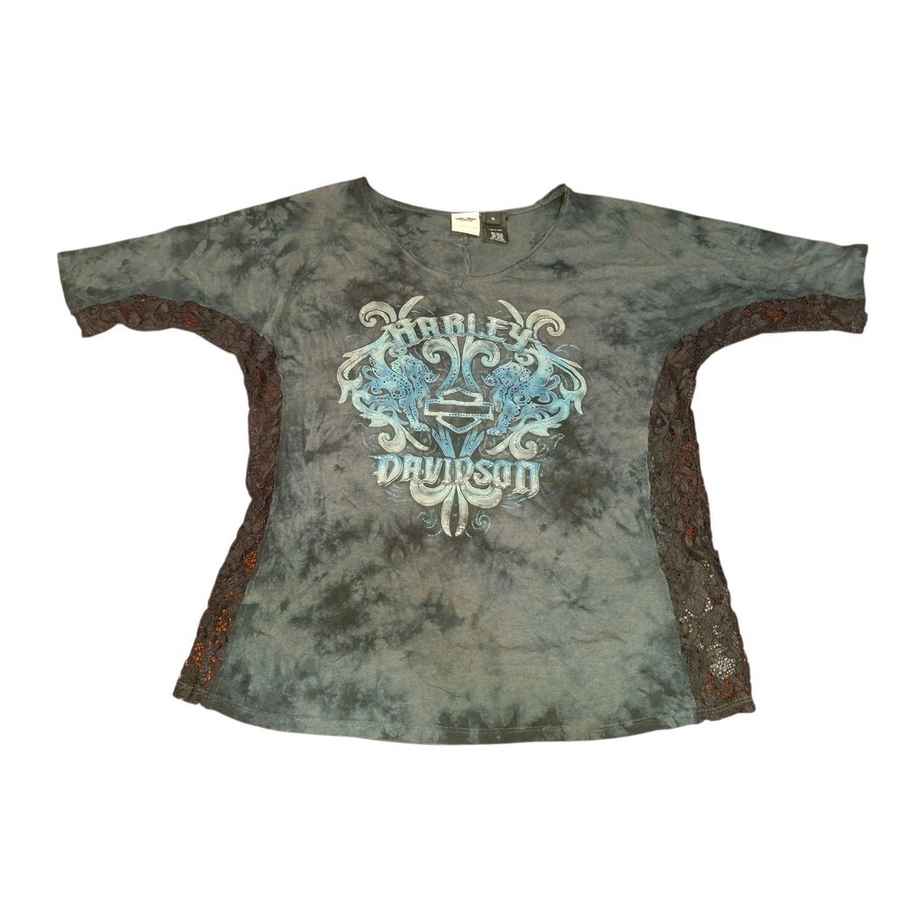 Y2K Harley Davidson Lace Top Women's XL Grey Long Sleeve Biker Shirt Affliction